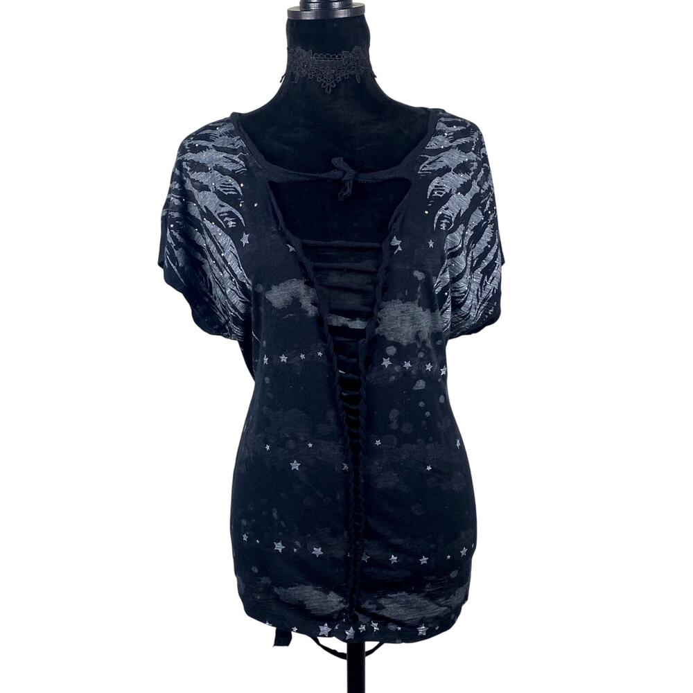 Rock Republic custom upcyled diy woven rhinestone y2k style sexy grunge top L